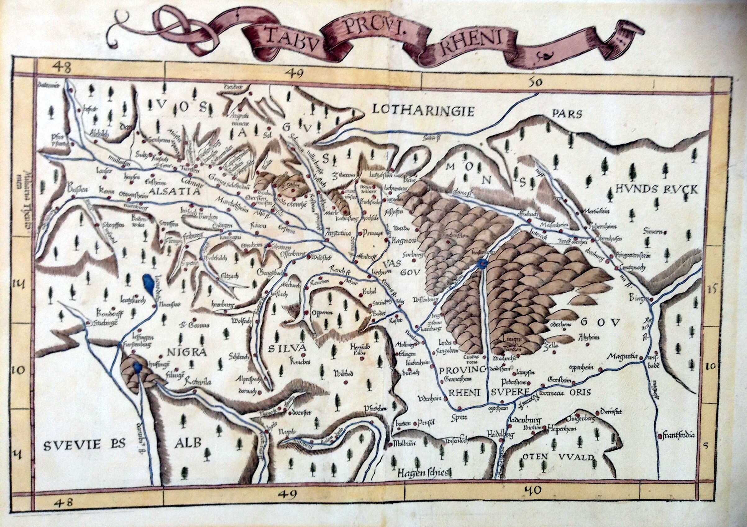 TABULA NOVA PARTICULARIS PROVINCIE RHEINI SUPERIORIS: Aus dem Atlas: Geographia des Ptolemäus von Martin Waldseemüller, 1513